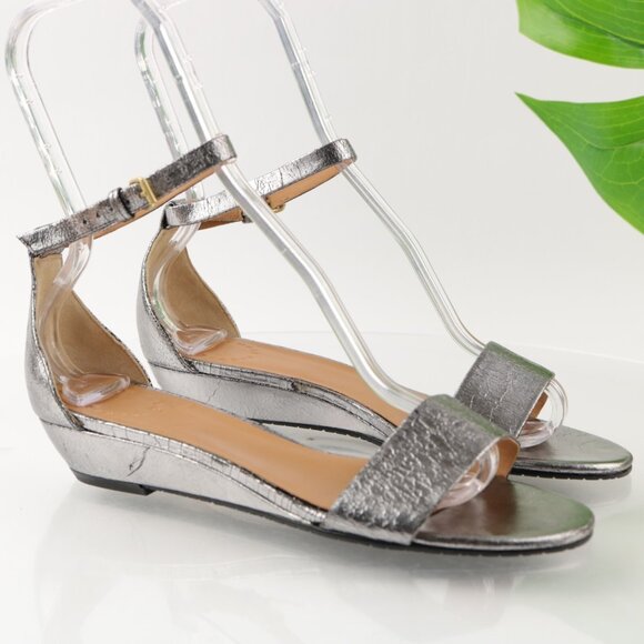 Marc Jacobs Womens Sandals Size 8.5 Silver Leather Ankle Strap Low Wedge Shoes - Picture 10 of 12